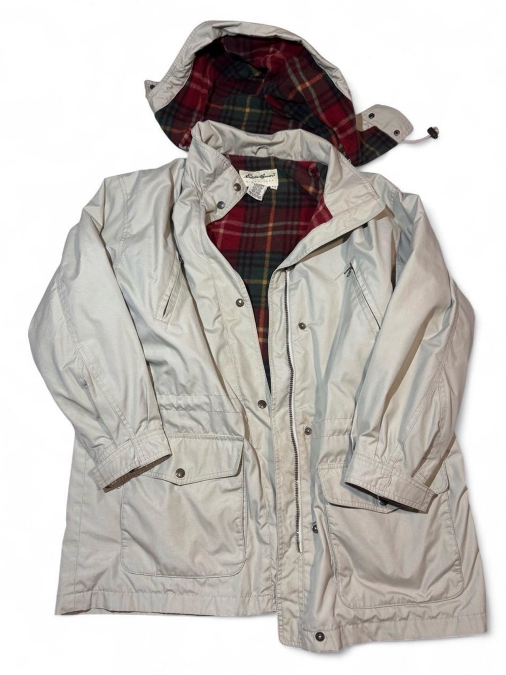 Vintage Women’s Eddie Bauer Light Gray Hooded Parka Jacket with Wool Lining